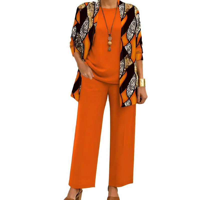 Completo donna tre pezzi elegante con cardigan lungo stampato