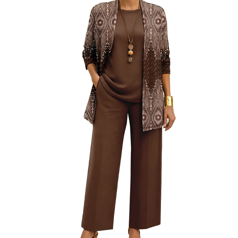 Completo donna tre pezzi elegante con cardigan lungo stampato