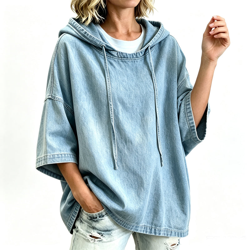 T-shirt donna oversize effetto denim con cappuccio e maniche ampie
