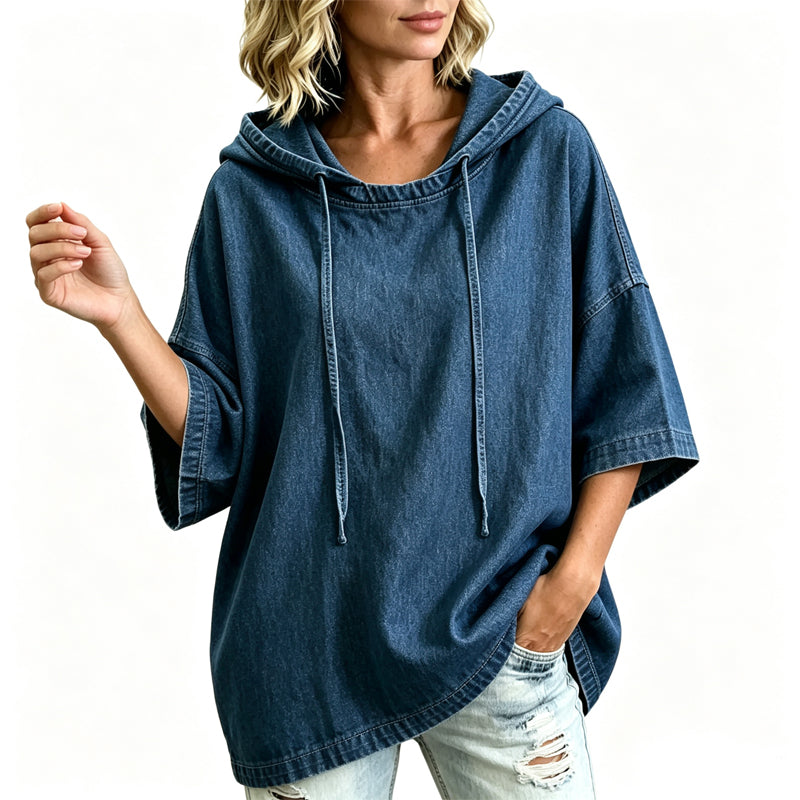 T-shirt donna oversize effetto denim con cappuccio e maniche ampie