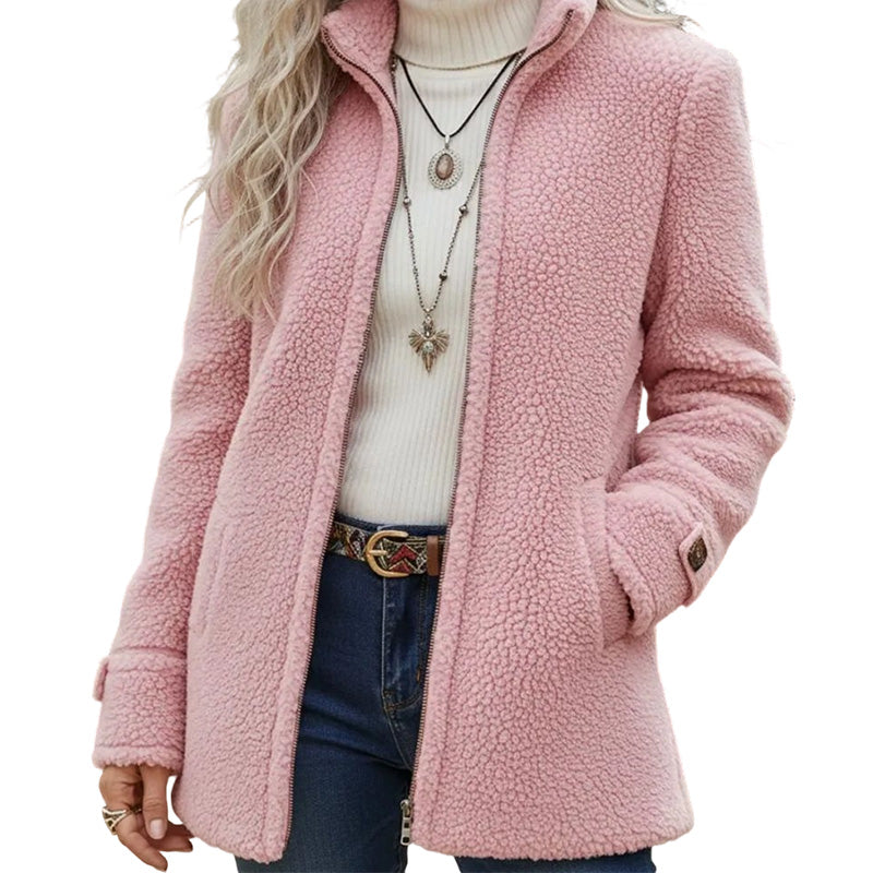 Giacca donna in sherpa con zip frontale e collo alto