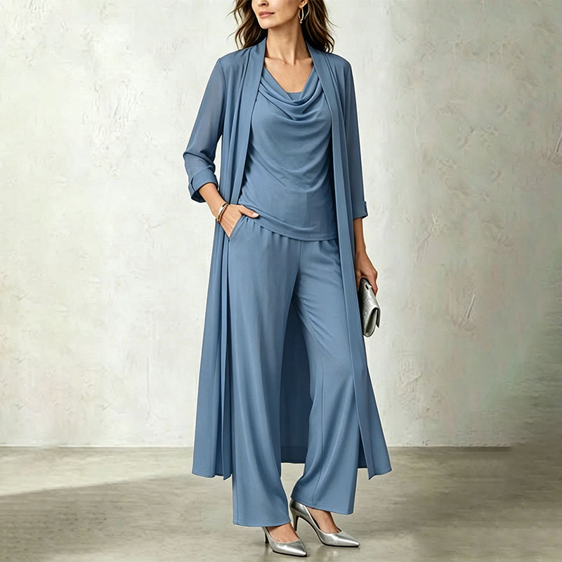 Completo tre pezzi donna con cardigan lungo e pantaloni fluidi
