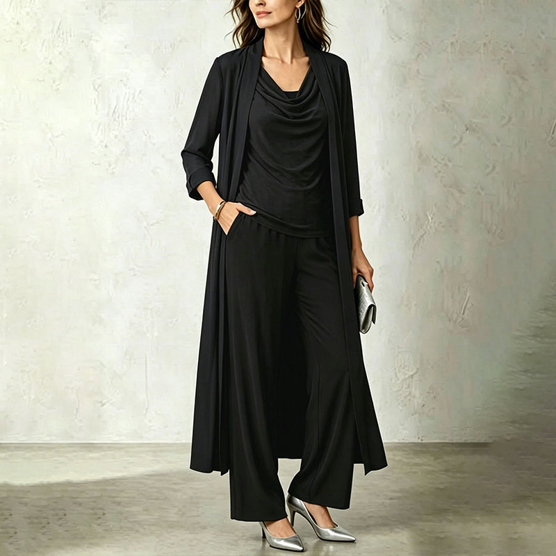 Completo tre pezzi donna con cardigan lungo e pantaloni fluidi