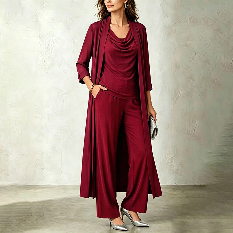 Completo tre pezzi donna con cardigan lungo e pantaloni fluidi