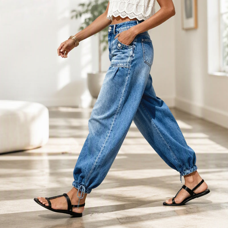 Jeans barrel donna a vita alta con fondo regolabile