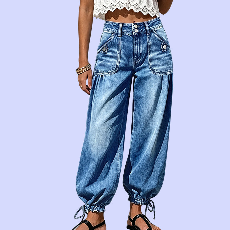 Jeans barrel donna a vita alta con fondo regolabile