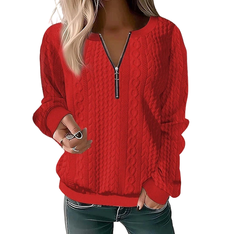Felpa donna in maglia a trecce con mezza zip