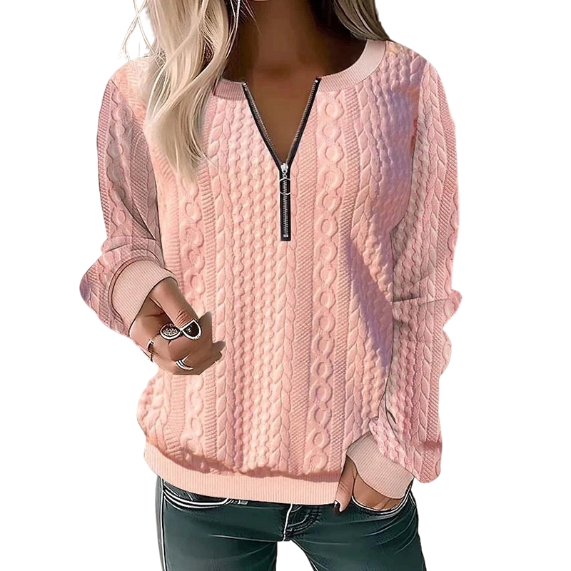 Felpa donna in maglia a trecce con mezza zip