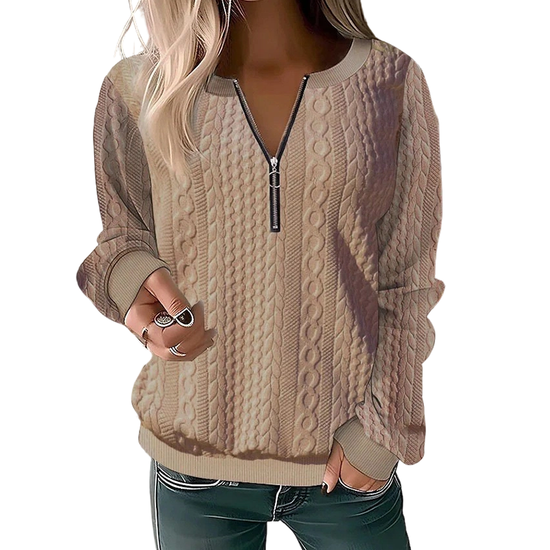 Felpa donna in maglia a trecce con mezza zip