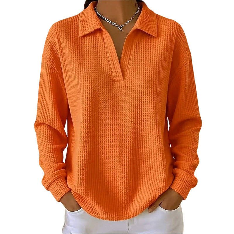 Top donna a coste con scollo a V e maniche lunghe