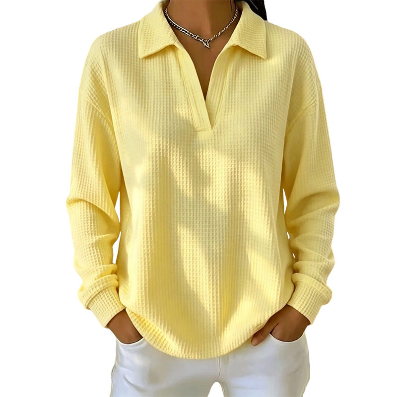 Top donna a coste con scollo a V e maniche lunghe