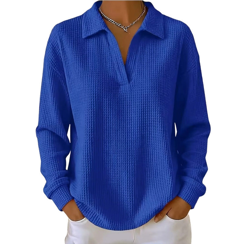 Top donna a coste con scollo a V e maniche lunghe