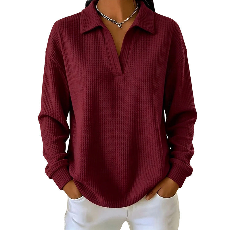Top donna a coste con scollo a V e maniche lunghe