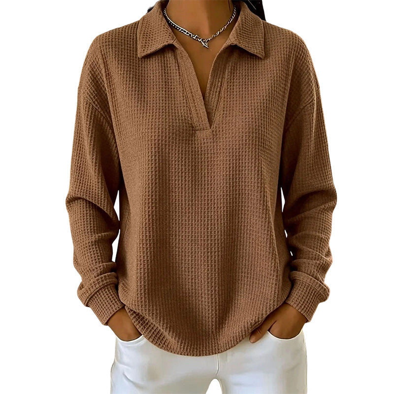 Top donna a coste con scollo a V e maniche lunghe