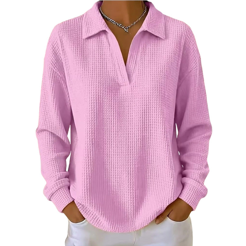 Top donna a coste con scollo a V e maniche lunghe