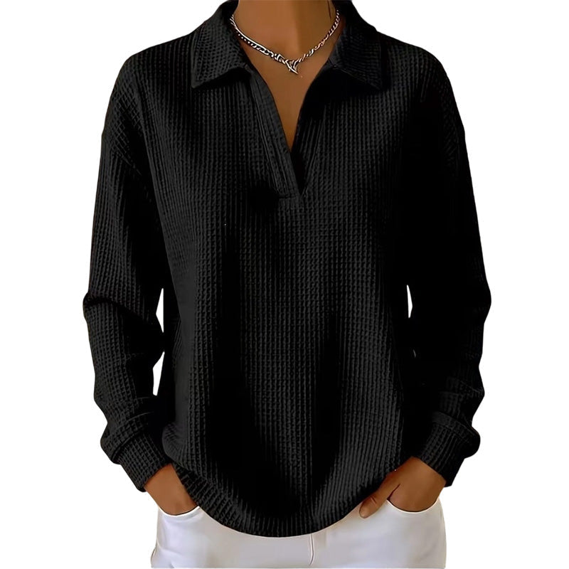 Top donna a coste con scollo a V e maniche lunghe