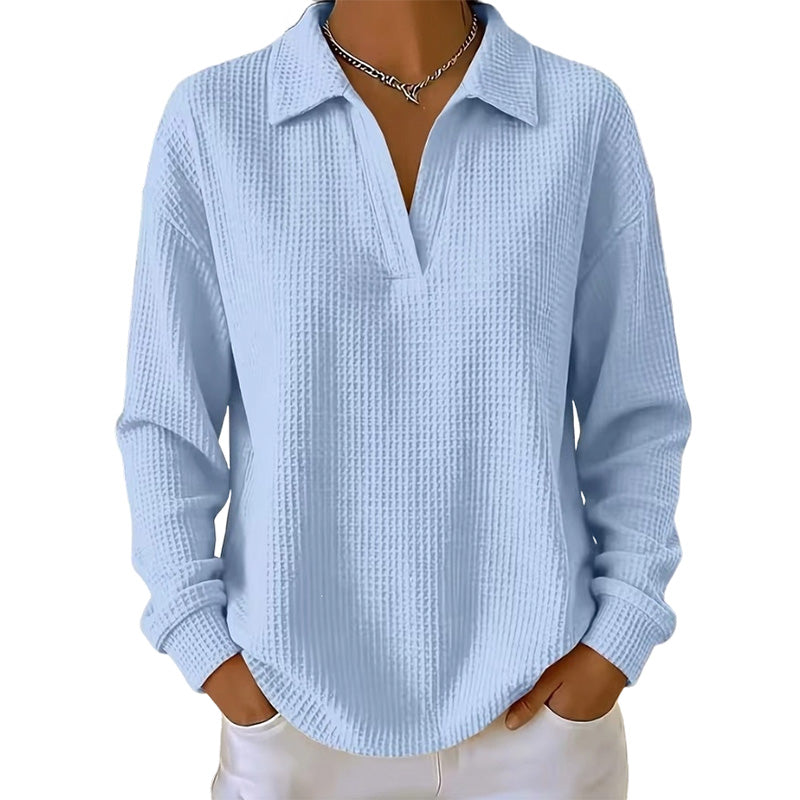 Top donna a coste con scollo a V e maniche lunghe