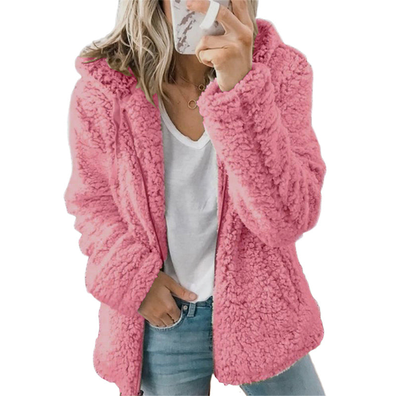Giacca donna in pile effetto peluche con cappuccio e zip