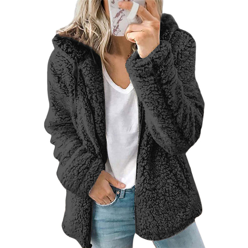 Giacca donna in pile effetto peluche con cappuccio e zip