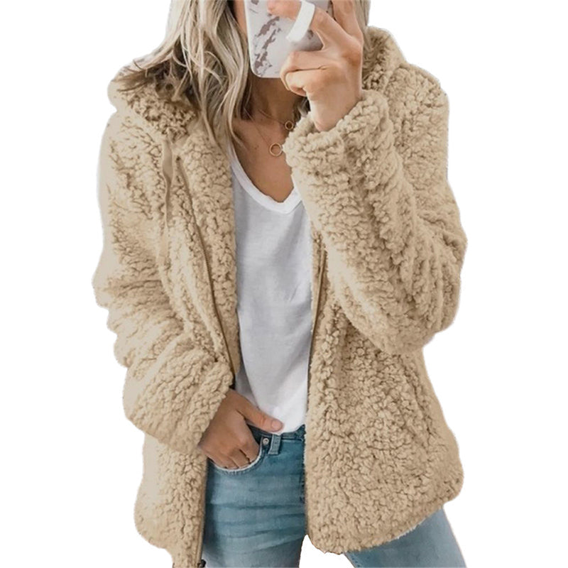 Giacca donna in pile effetto peluche con cappuccio e zip