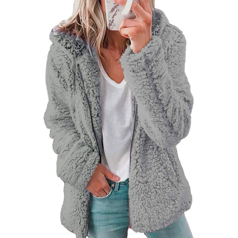 Giacca donna in pile effetto peluche con cappuccio e zip