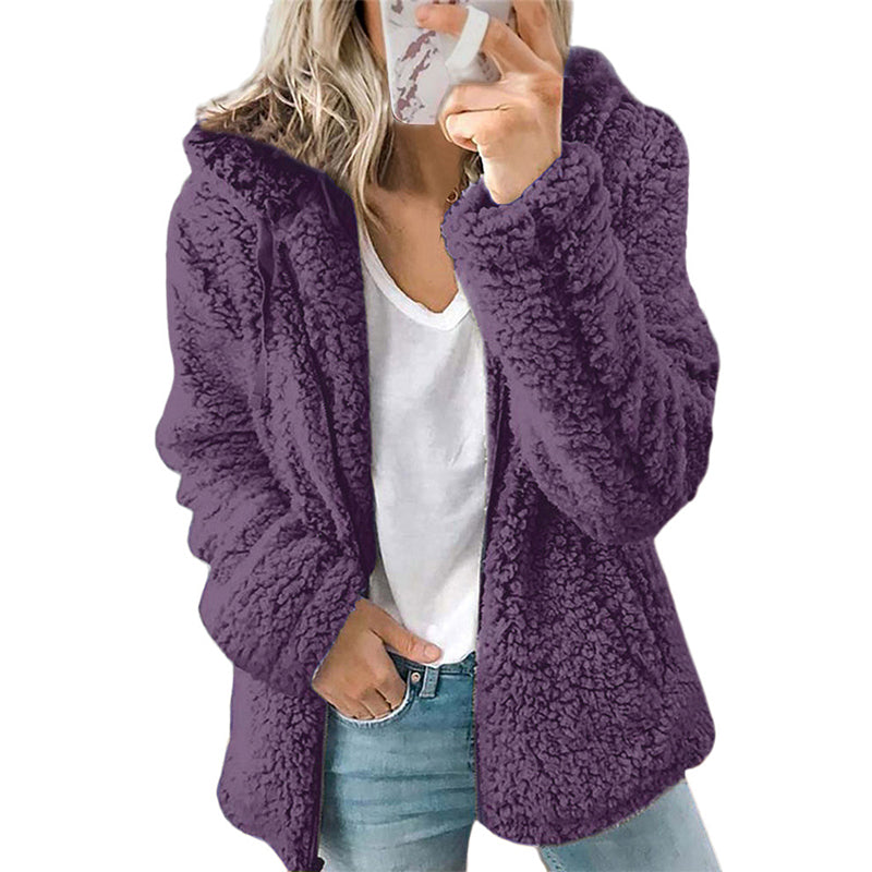 Giacca donna in pile effetto peluche con cappuccio e zip