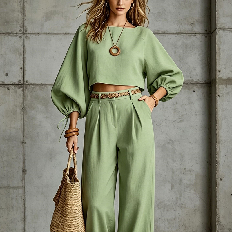 Completo donna due pezzi con top corto e pantaloni larghi
