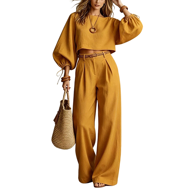 Completo donna due pezzi con top corto e pantaloni larghi
