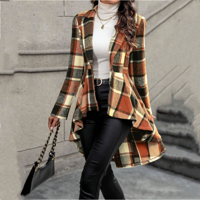 Giacca donna a quadri con peplum e orlo asimmetrico