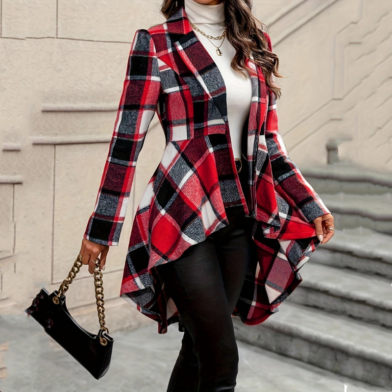 Giacca donna a quadri con peplum e orlo asimmetrico