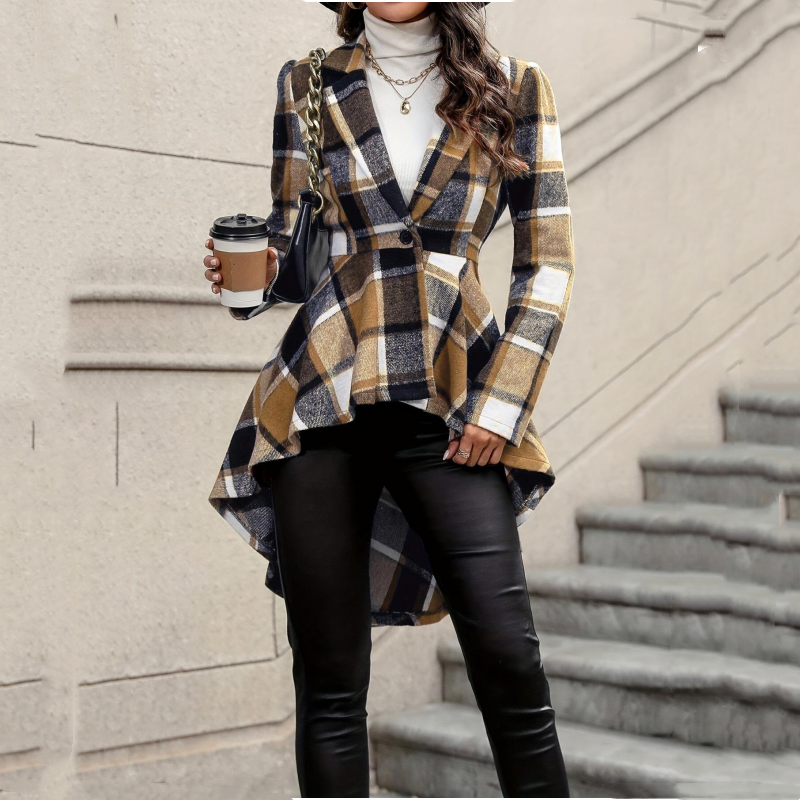 Giacca donna a quadri con peplum e orlo asimmetrico
