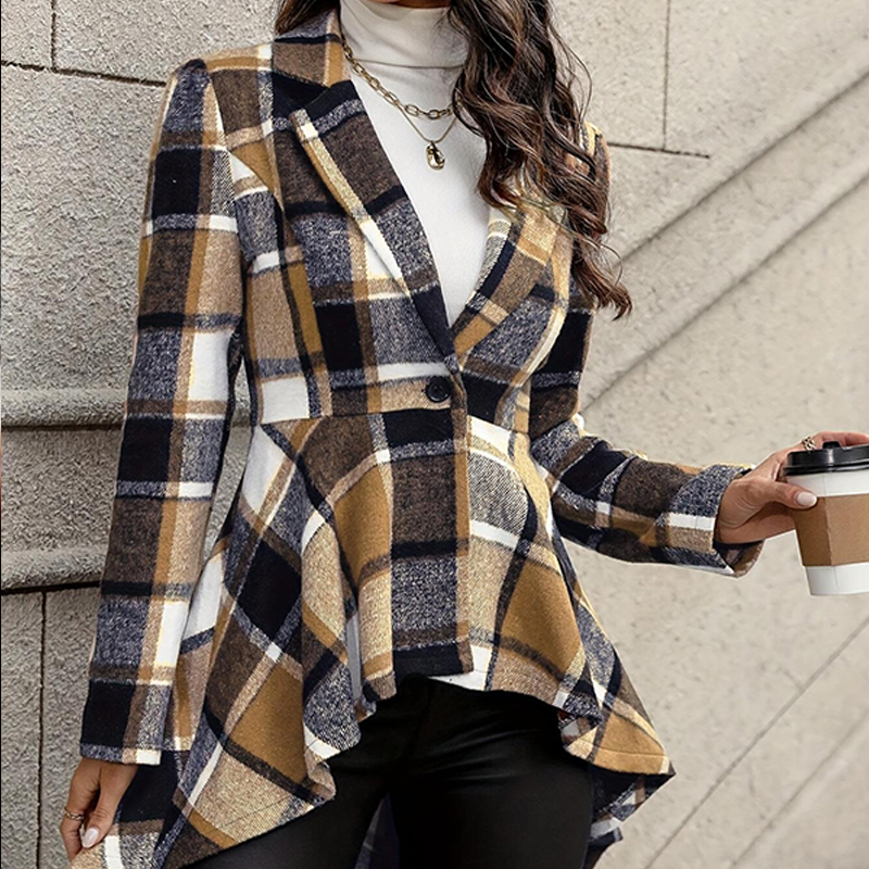 Giacca donna a quadri con peplum e orlo asimmetrico