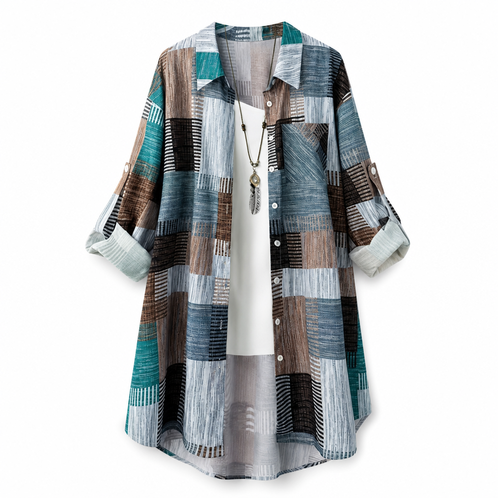 Camicia donna patchwork oversize con bottoni e maniche arrotolabili