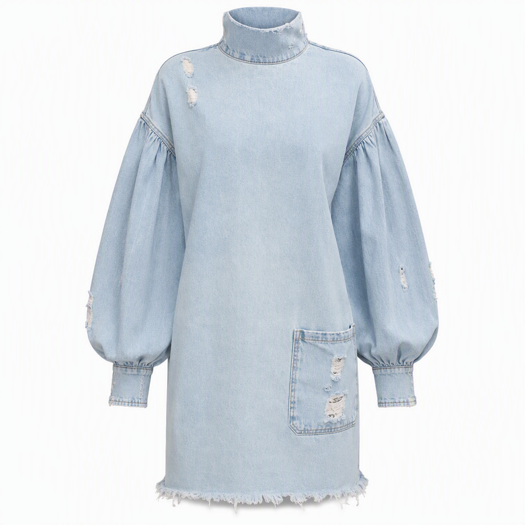 Abito mini donna oversize effetto denim con collo alto