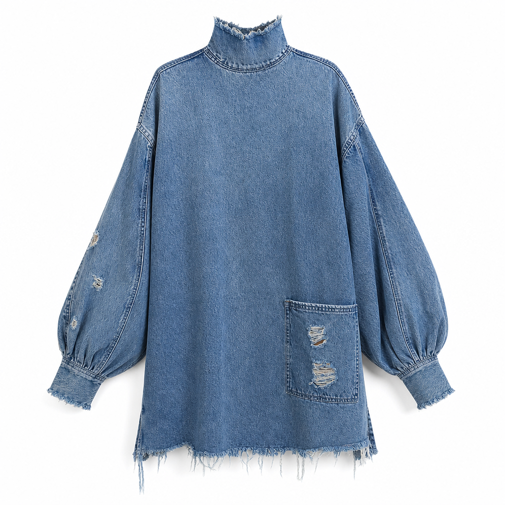 Abito mini donna oversize effetto denim con collo alto