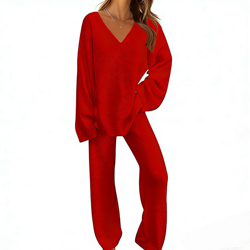 Completo donna in maglia con pullover a V e pantaloni larghi