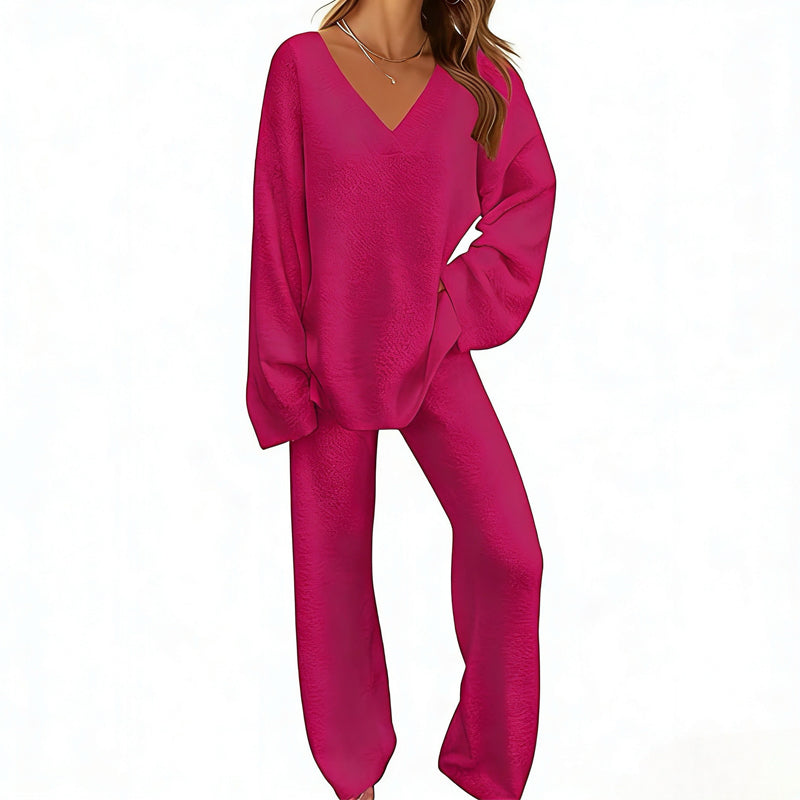 Completo donna in maglia con pullover a V e pantaloni larghi