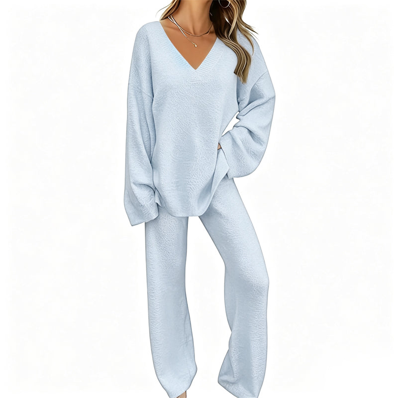 Completo donna in maglia con pullover a V e pantaloni larghi