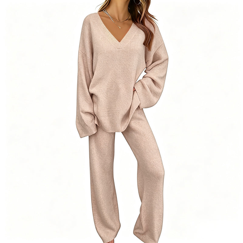 Completo donna in maglia con pullover a V e pantaloni larghi