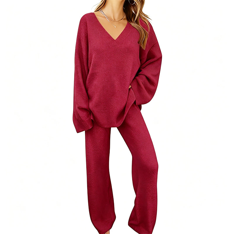 Completo donna in maglia con pullover a V e pantaloni larghi