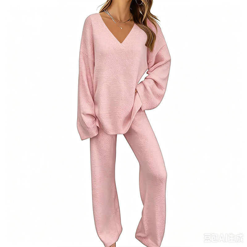 Completo donna in maglia con pullover a V e pantaloni larghi