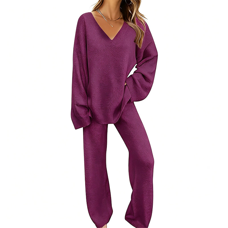 Completo donna in maglia con pullover a V e pantaloni larghi