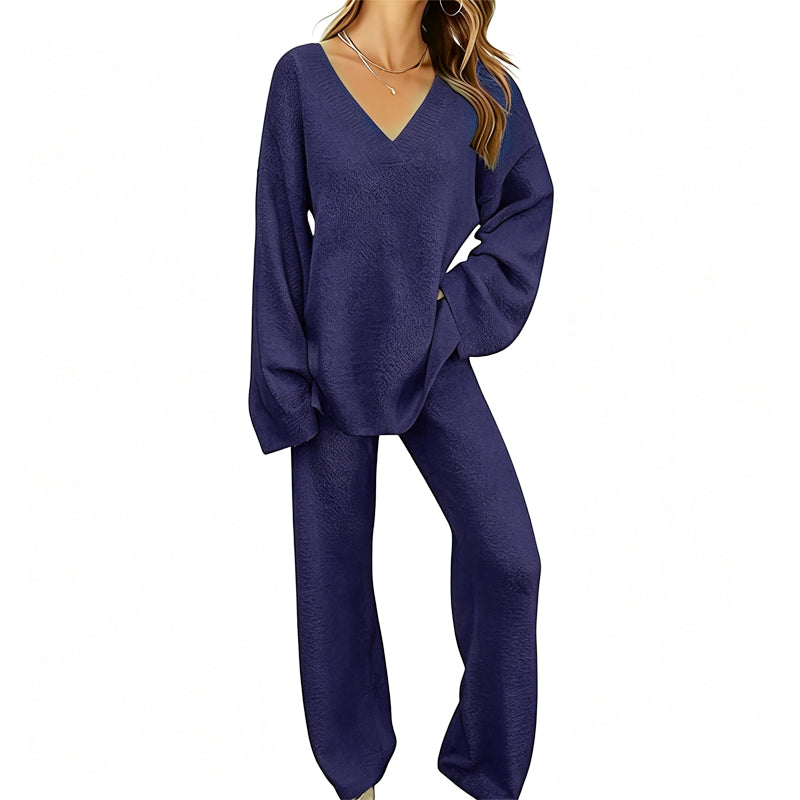 Completo donna in maglia con pullover a V e pantaloni larghi