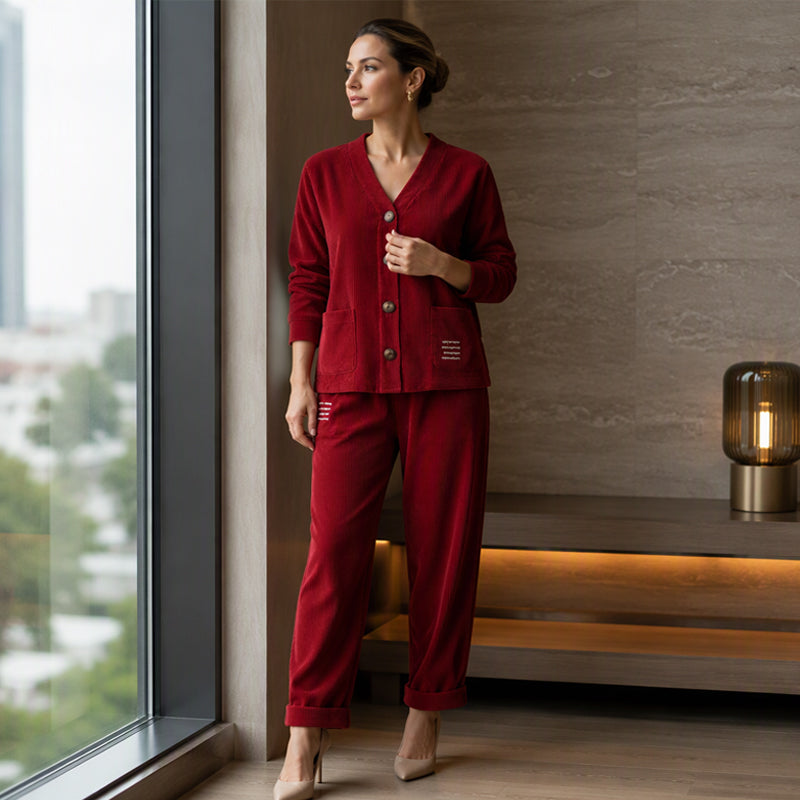 Completo donna in velluto con cardigan e pantaloni coordinati