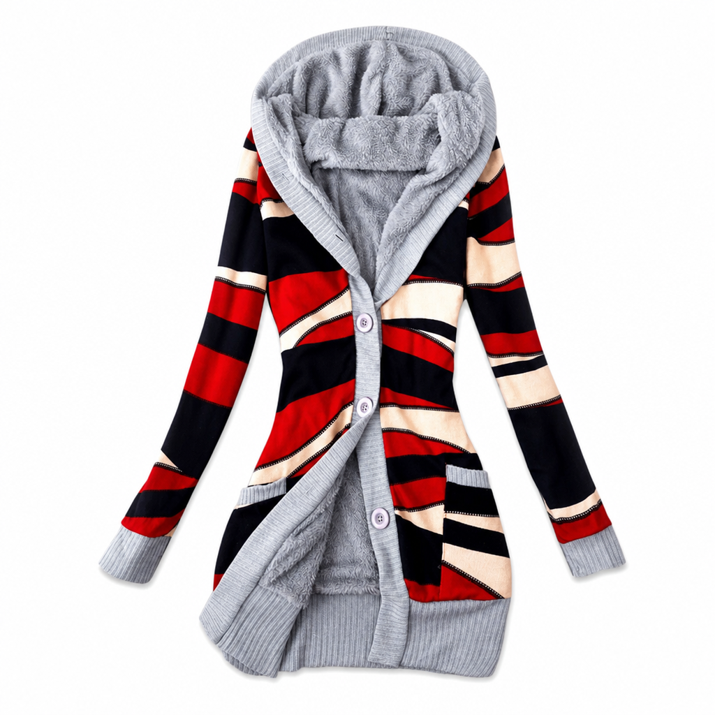 Cardigan lungo donna con cappuccio e motivo jacquard