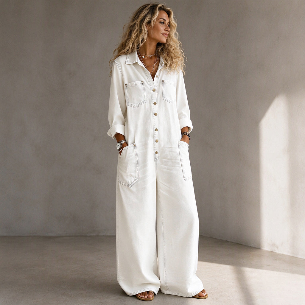 Tuta donna effetto denim con gambe larghe e bottoni