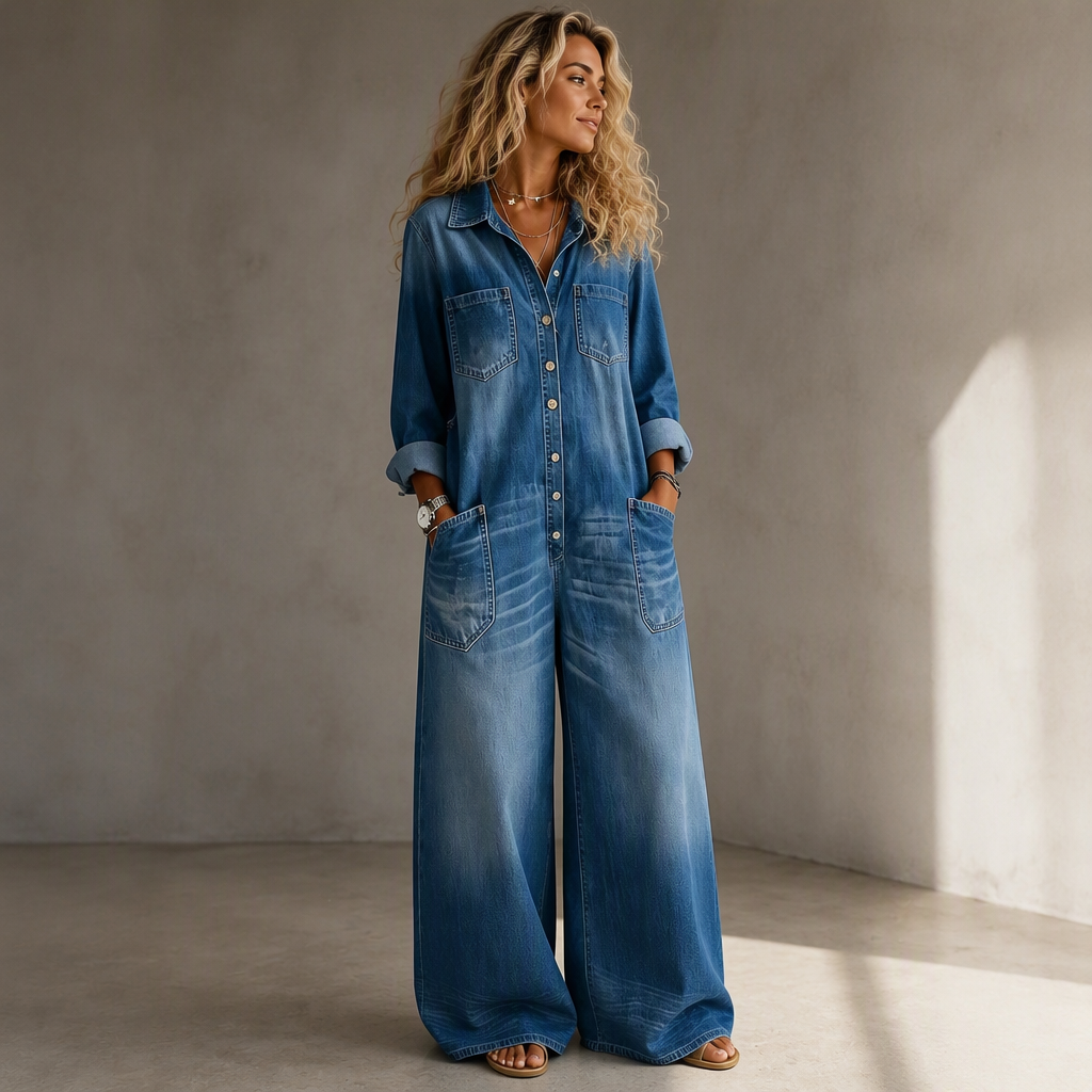 Tuta donna effetto denim con gambe larghe e bottoni