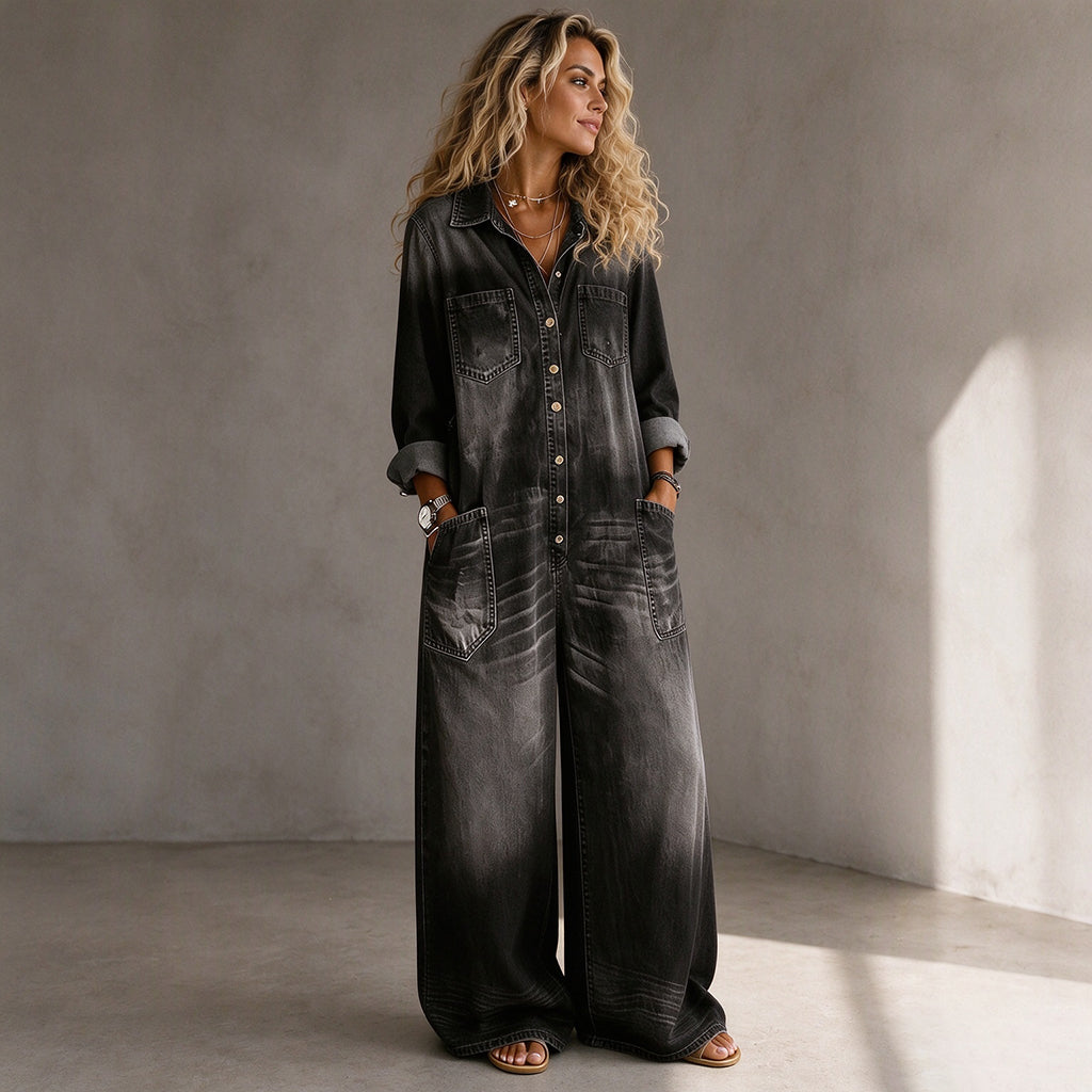 Tuta donna effetto denim con gambe larghe e bottoni