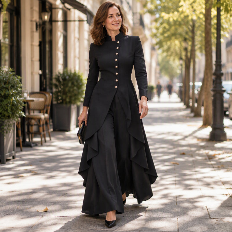 Completo tailleur donna con tunica lunga e pantaloni larghi