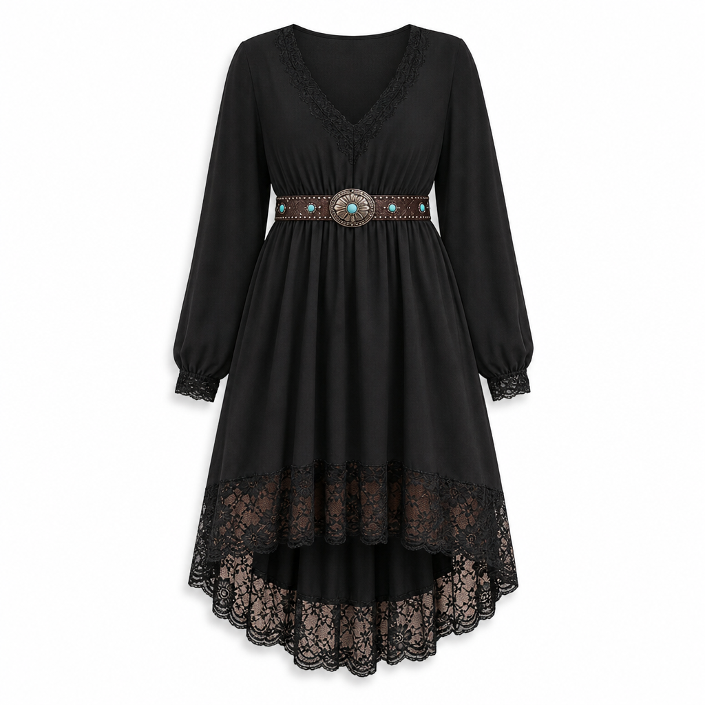 Abito donna asimmetrico con pizzo e scollatura a V